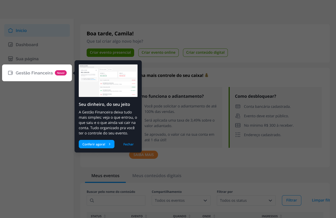 Gestão financeira Sympla, organize seu evento.