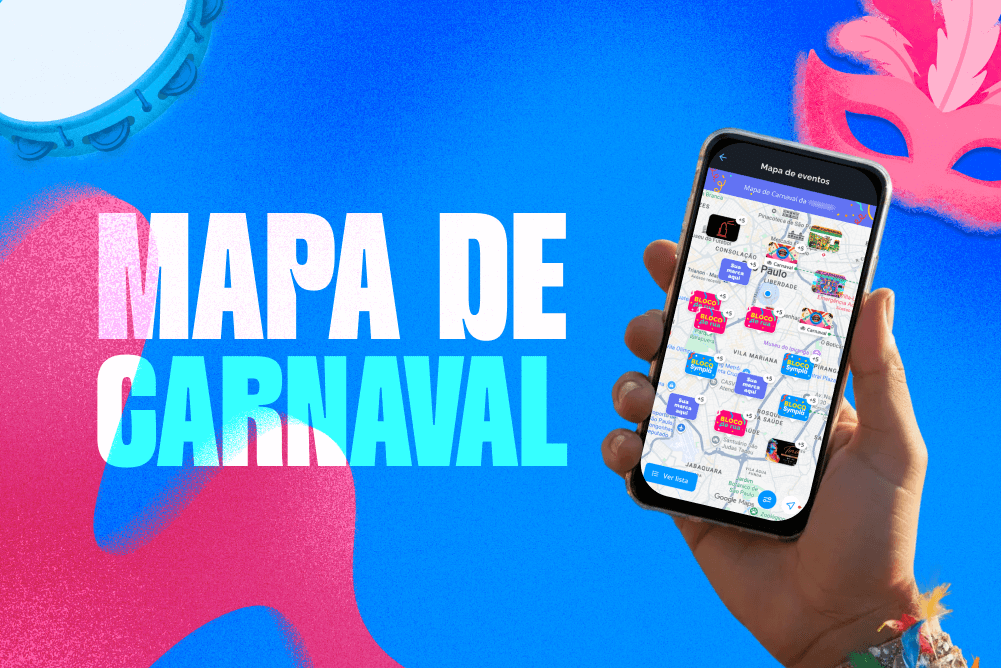 Celular exibindo o aplicativo Mapa de Eventos com blocos de carnaval, fundo azul e rosa com ilustrações de pandeiro e máscara.