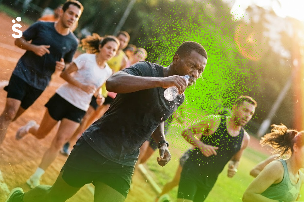 Grupo em corrida de rua ao pôr do sol. Em destaque, homem corre e bebe água. Filtro granulado em tons de verde.